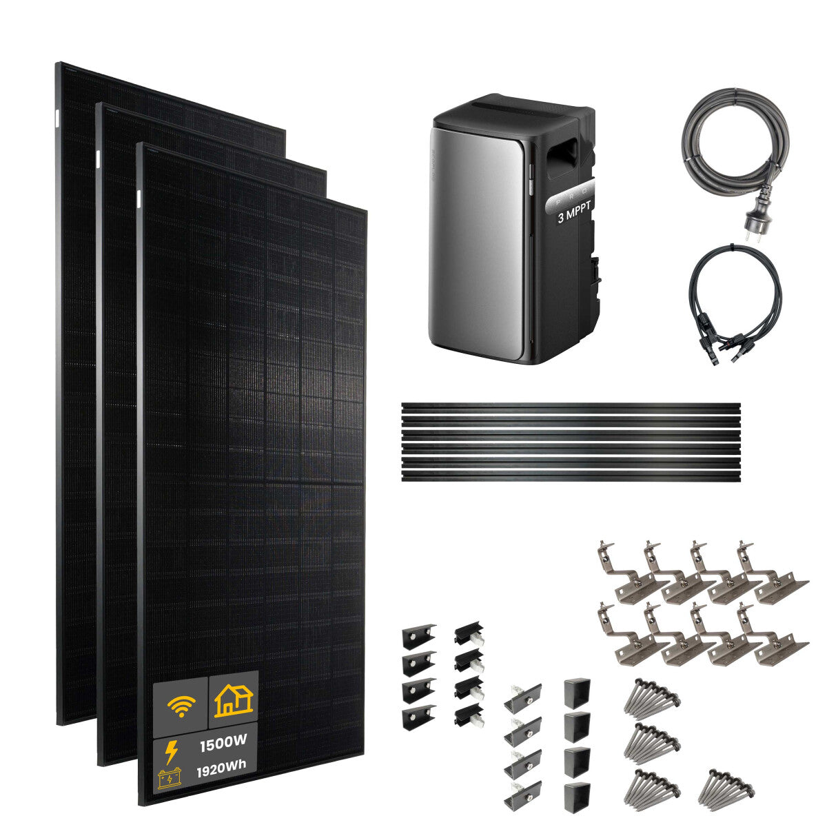 1500 W EcoFlow STREAM Pro Balkonkraftwerk | Set mit Hausdachhalterungen für Ziegeldächer, 3x 500 W DAH bifacial Solarmodul und 1,92 kWh Speicher