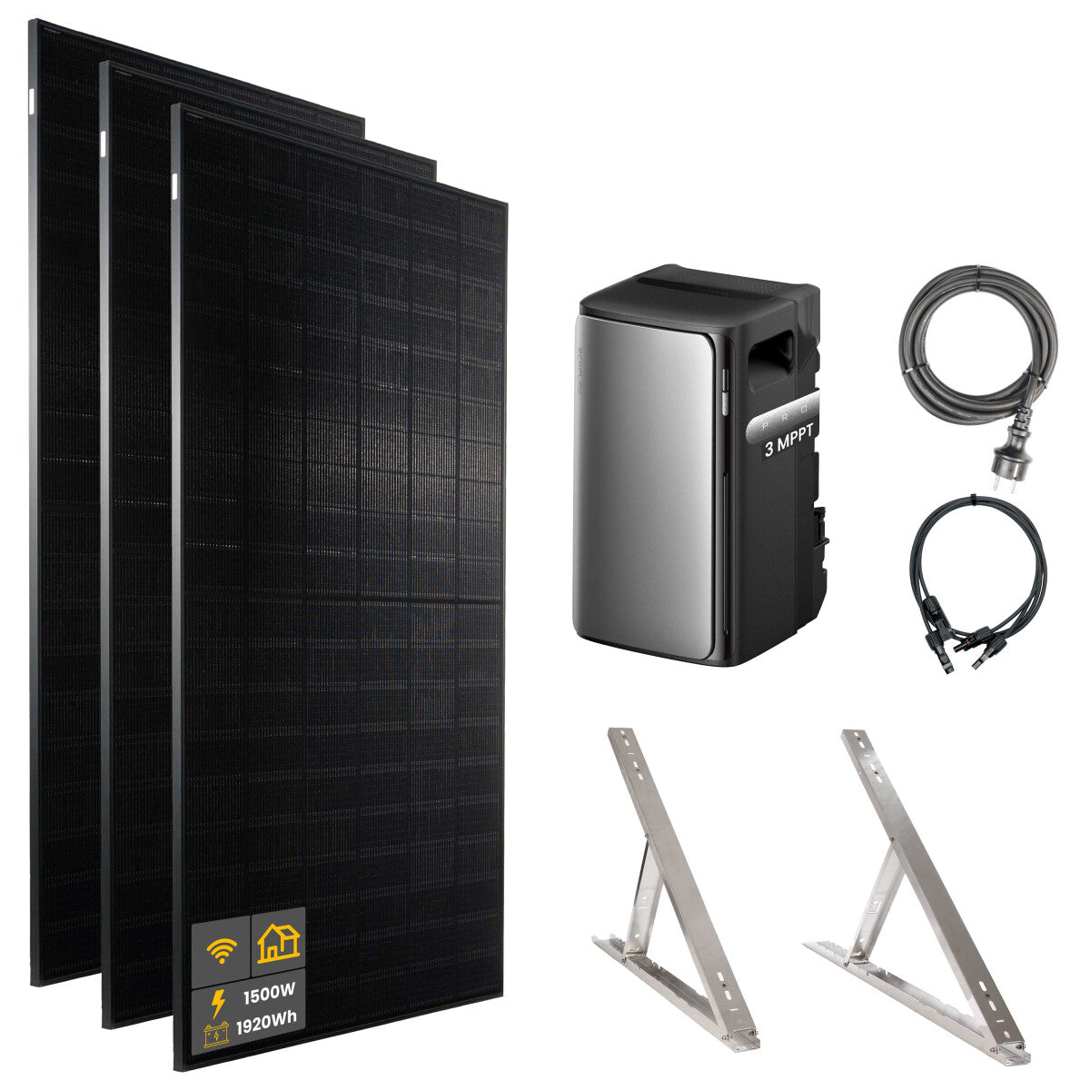 1500 W EcoFlow STREAM Pro Balkonkraftwerk | Set mit Mikrowechselrichter und 3x 500 W DAH bifacial Solarmodul mit Flachdach Halterung und 1,92 kWh Speicher