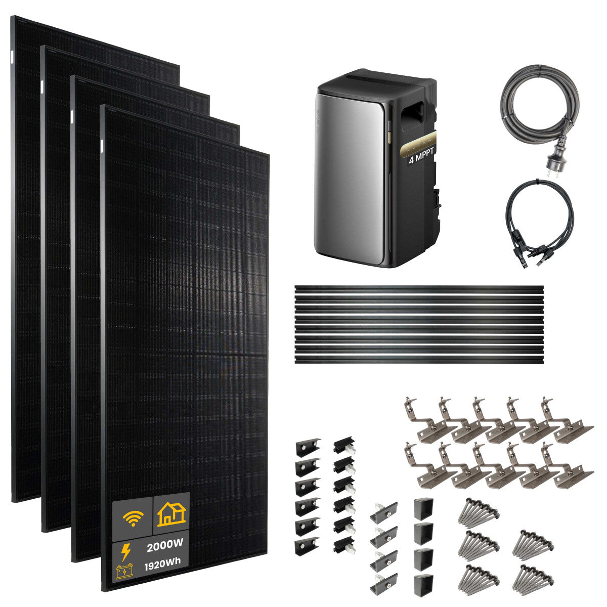 2000 W EcoFlow STREAM Ultra Balkonkraftwerk | Set mit Hausdachhalterungen für Ziegeldächer, 4x 500 W DAH bifacial Solarmodul und 1,92 kWh Speicher