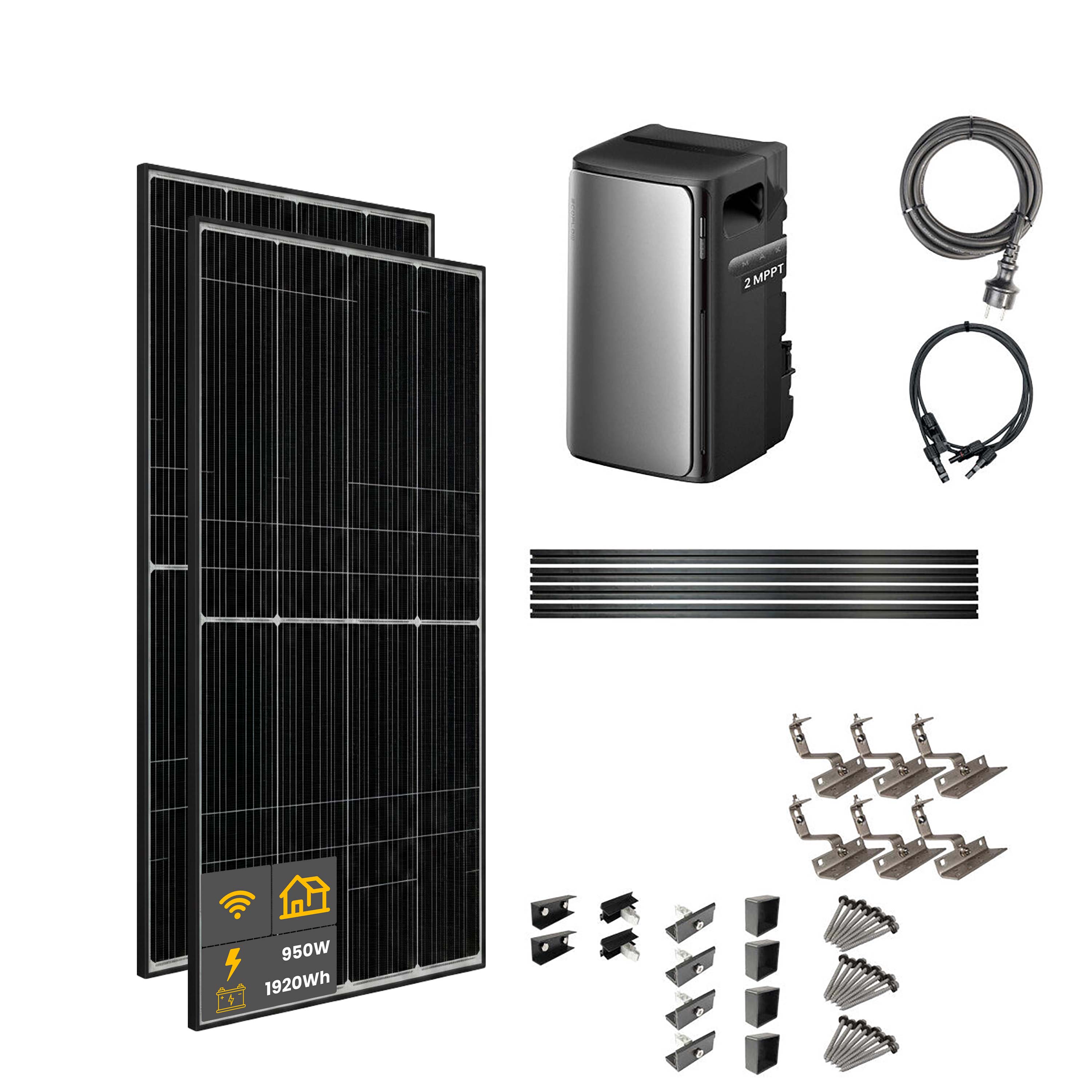 950 W EcoFlow STREAM Max Balkonkraftwerk | Set mit Mikrowechselrichter und 2x 475 W DAH bifacial Solarmodul mit Hausdachhalterung und 1,92 kWh Speicher