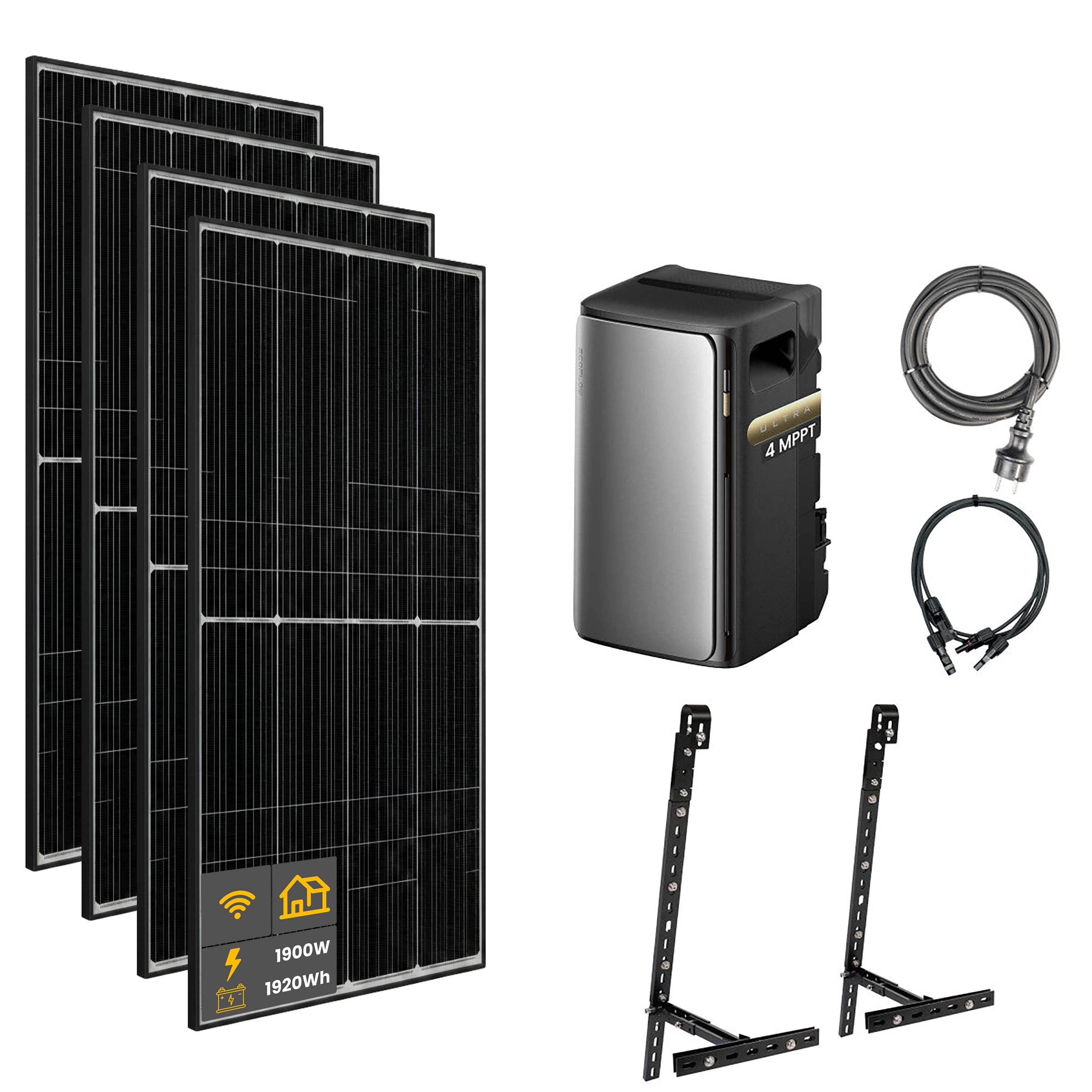 1900 W EcoFlow STREAM Ultra Balkonkraftwerk | Set mit Mikrowechselrichter und 4x 475 W DAH bifacial Solarmodul mit Gitterbalkon Halterung und 1,92 kWh Speicher