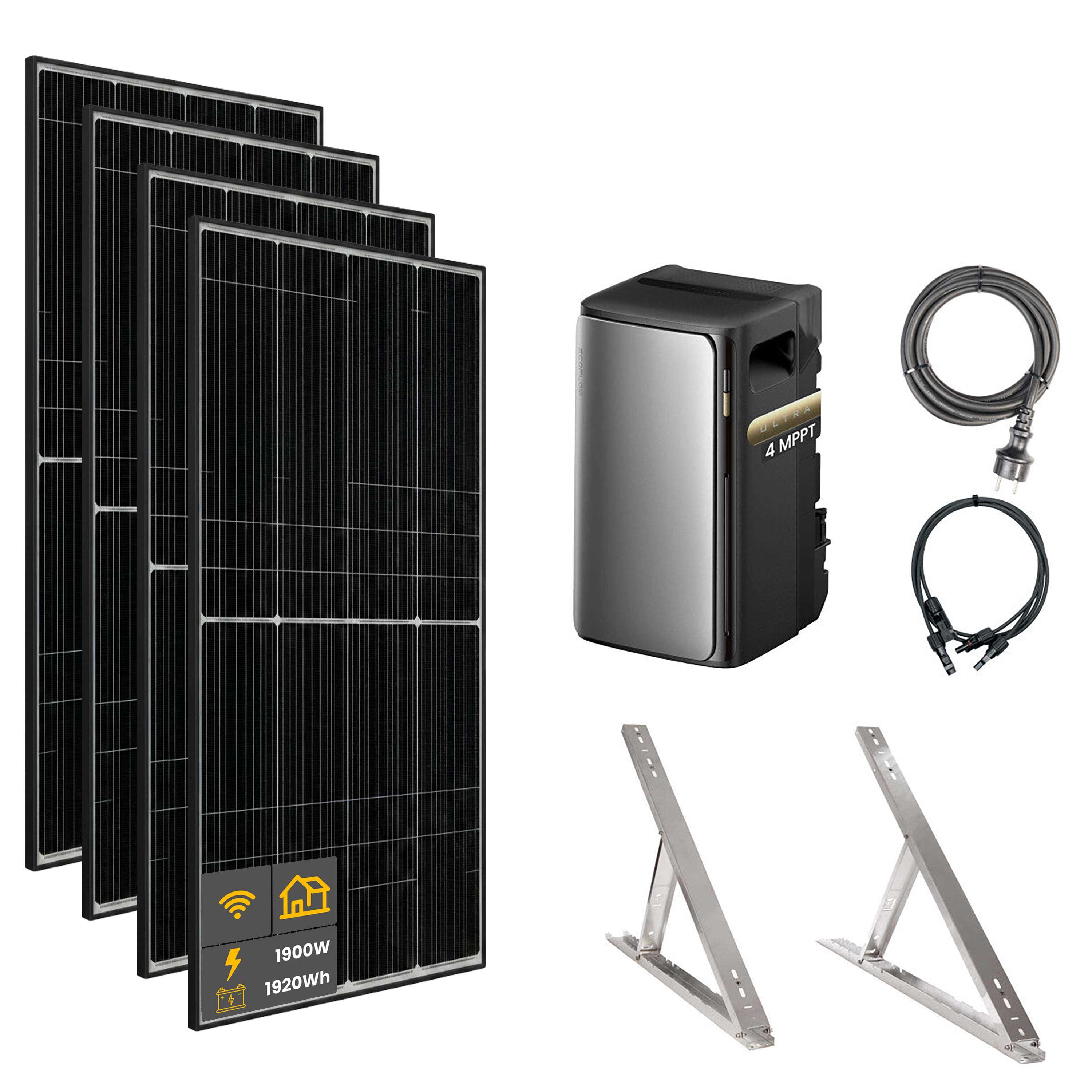 1900 W EcoFlow STREAM Ultra Balkonkraftwerk | Set mit Mikrowechselrichter und 4x 475 W DAH bifacial Solarmodul mit Flachdach Halterung und 1,92 kWh Speicher