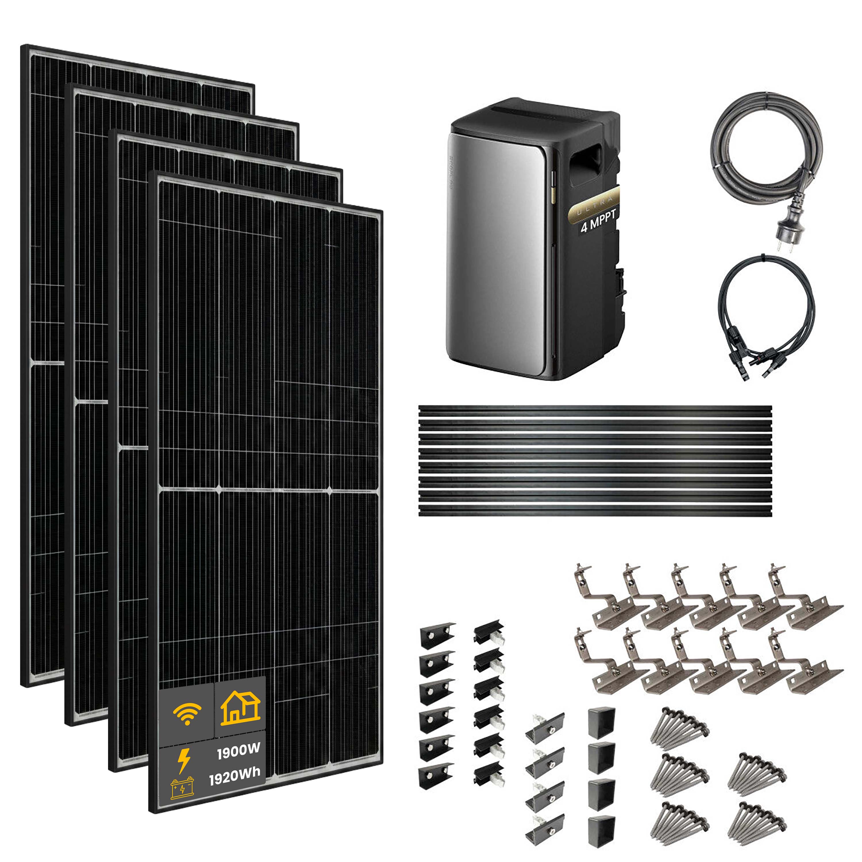 1900 W EcoFlow STREAM Ultra Balkonkraftwerk | Set mit Mikrowechselrichter und 4x 475 W DAH bifacial Solarmodul mit Hausdachhalterung und 1,92 kWh Speicher