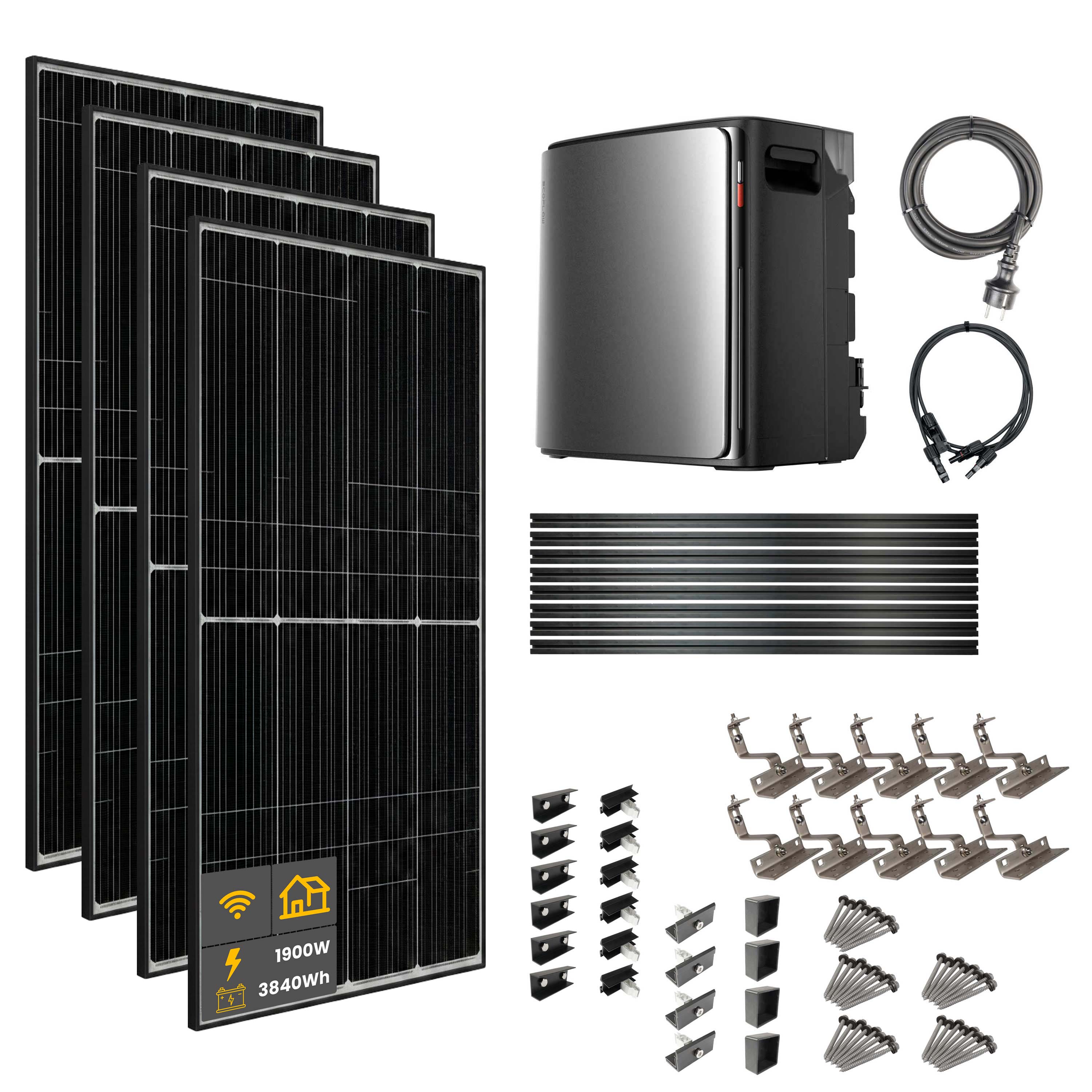 1900 W EcoFlow STREAM Ultra X Balkonkraftwerk | Set mit Mikrowechselrichter und 4x 475 W DAH bifacial Solarmodul mit Hausdachhalterung und 3,84 kWh Speicher