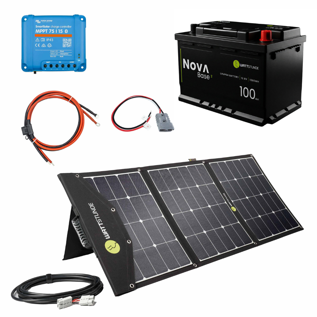 140 Wp WATTSTUNDE® Autarkie-Set | NOVA Base² 100 Ah + Victron SmartSolar MPPT 75/15 + Adapter- & Sicherungskabel