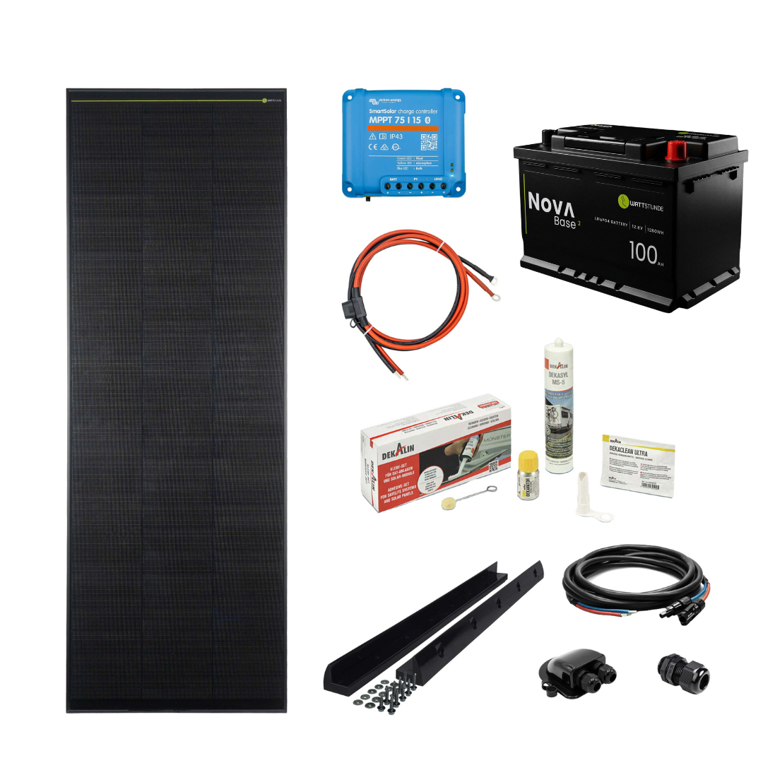 165 Wp WATTSTUNDE® Autarkie-Set | NOVA Base² 100 Ah + Victron SmartSolar MPPT 75/15 + Montageset & Verkabelung