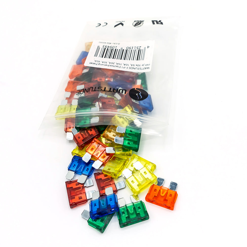 WATTSTUNDE® F-P1 Flachsicherung Paket mit je 10 x 5 A, 10 A, 15 A, 20 A, 30 A, 40 A