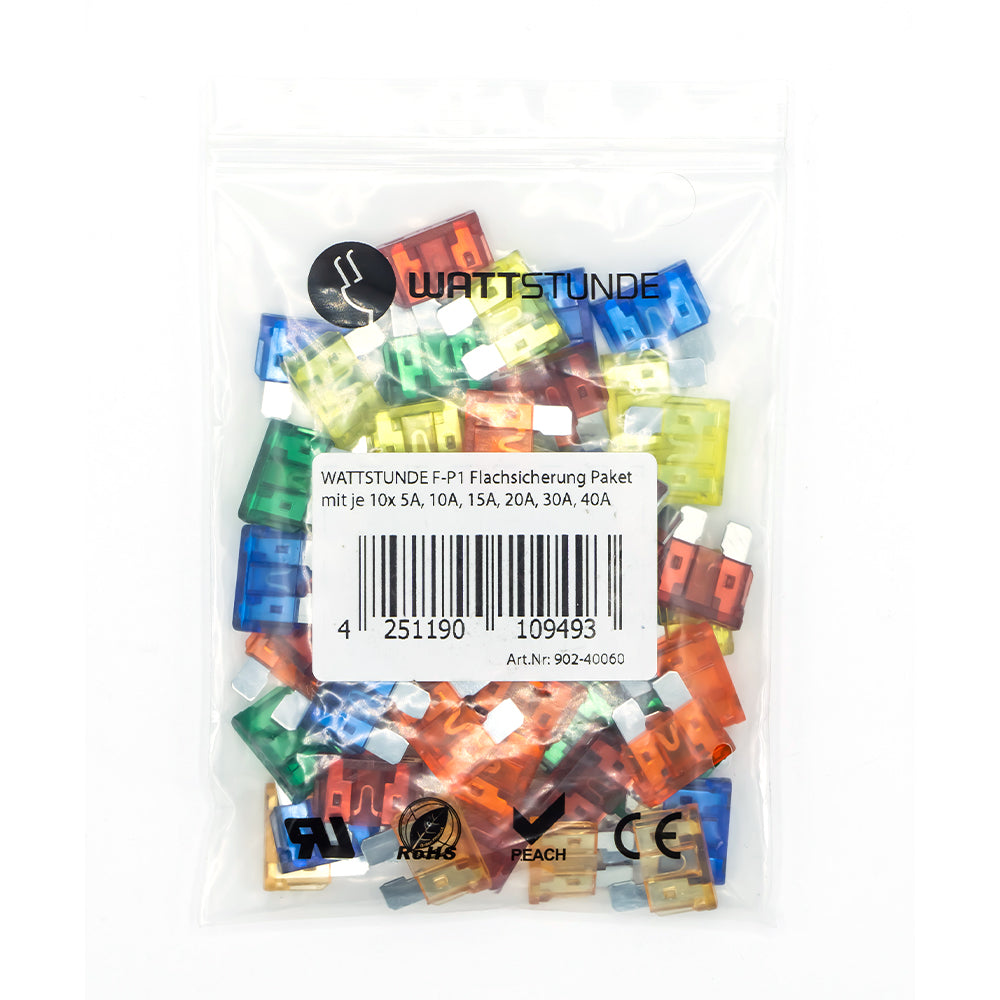 WATTSTUNDE® F-P1 Flachsicherung Paket mit je 10 x 5 A, 10 A, 15 A, 20 A, 30 A, 40 A
