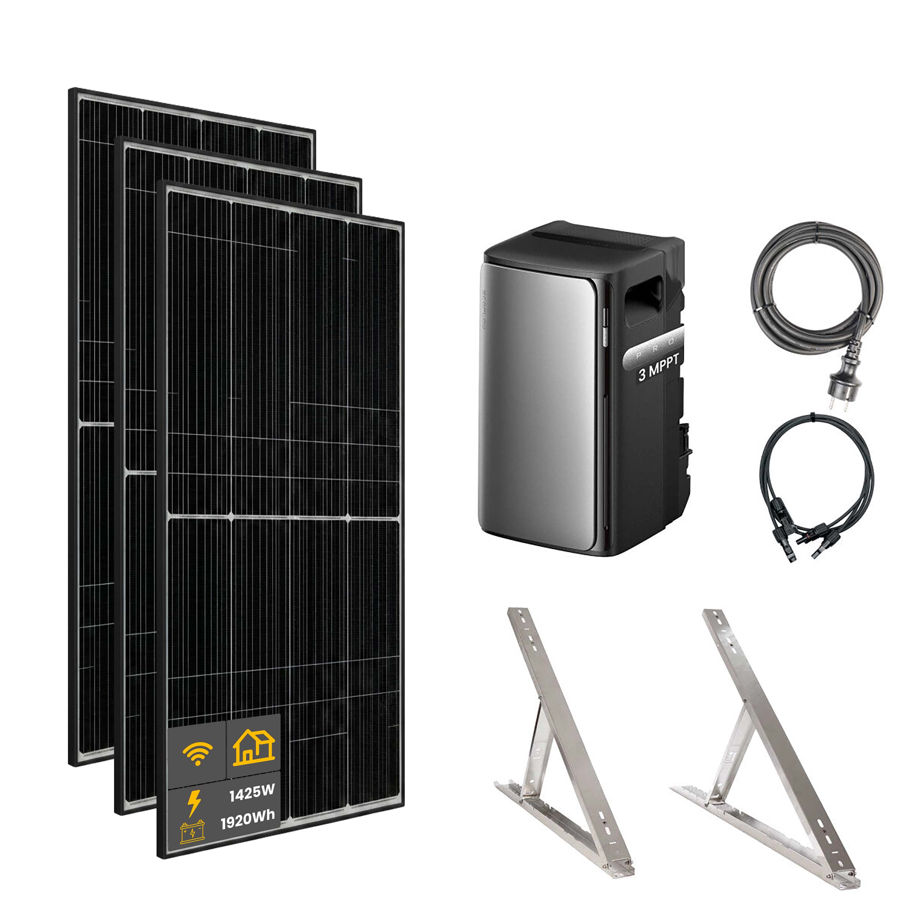 1425 W EcoFlow STREAM Pro Balkonkraftwerk | Set mit Mikrowechselrichter und 3x 475 W DAH bifacial Solarmodul mit Flachdach Halterung und 1,92 kWh Speicher
