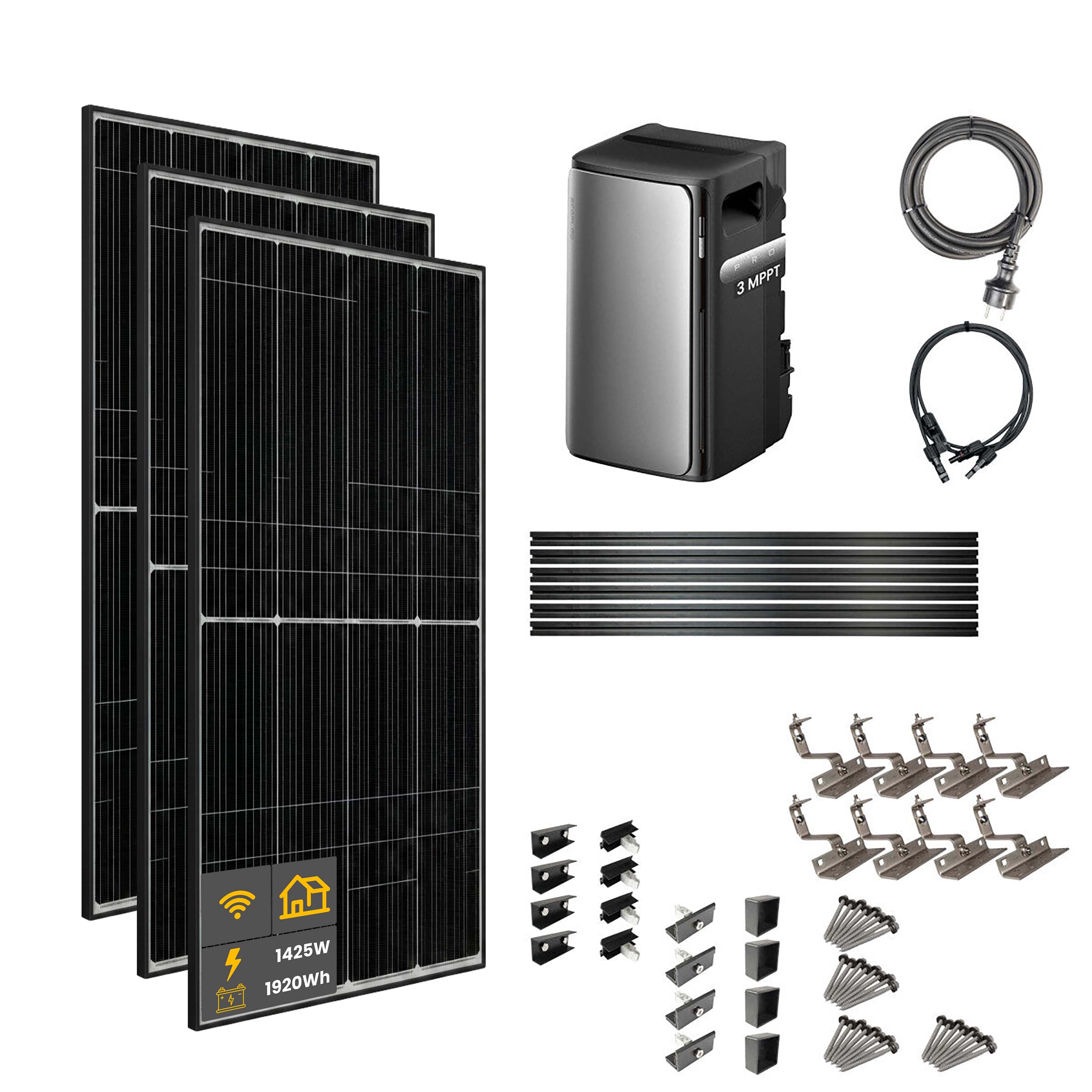 1425 W EcoFlow STREAM Pro Balkonkraftwerk | Set mit Mikrowechselrichter und 3x 475 W DAH bifacial Solarmodul mit Hausdachhalterung und 1,92 kWh Speicher