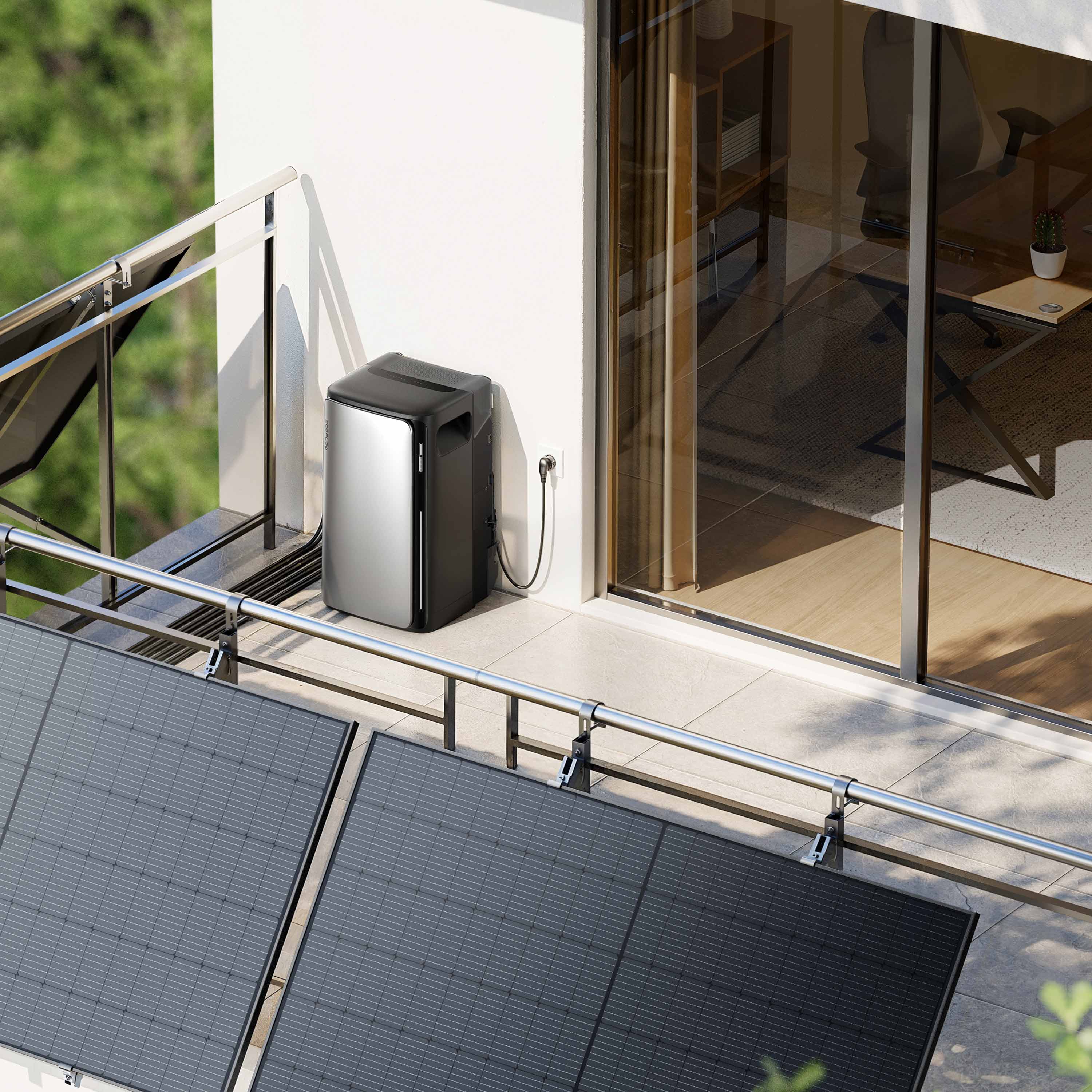 1000 W EcoFlow STREAM Max Balkonkraftwerk | Set mit Mikrowechselrichter und 2x 500 W DAH bifacial Solarmodul mit Gitterbalkon Halterung und 1,92 kWh Speicher