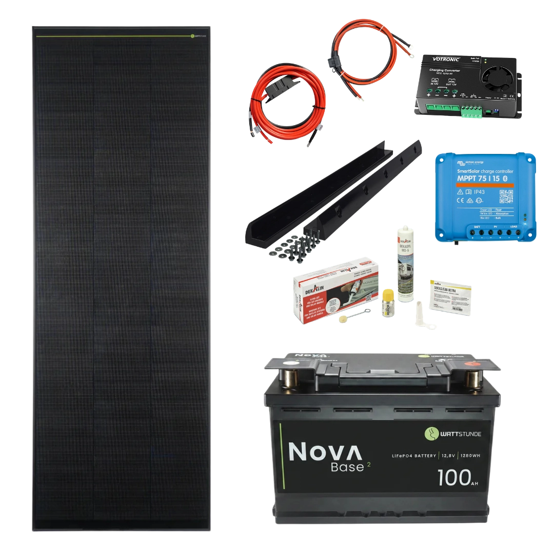 165 Wp WATTSTUNDE® Autarkie-Set | NOVA Base² 100 Ah + Victron SmartSolar MPPT 75/15 + Adapter- & Sicherungskabel